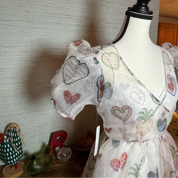 Farm Rio X Anthropologie Semi Sheer Puff Sleeve Mini Dress NWT Size XS Hearts - Picture 5 of 9